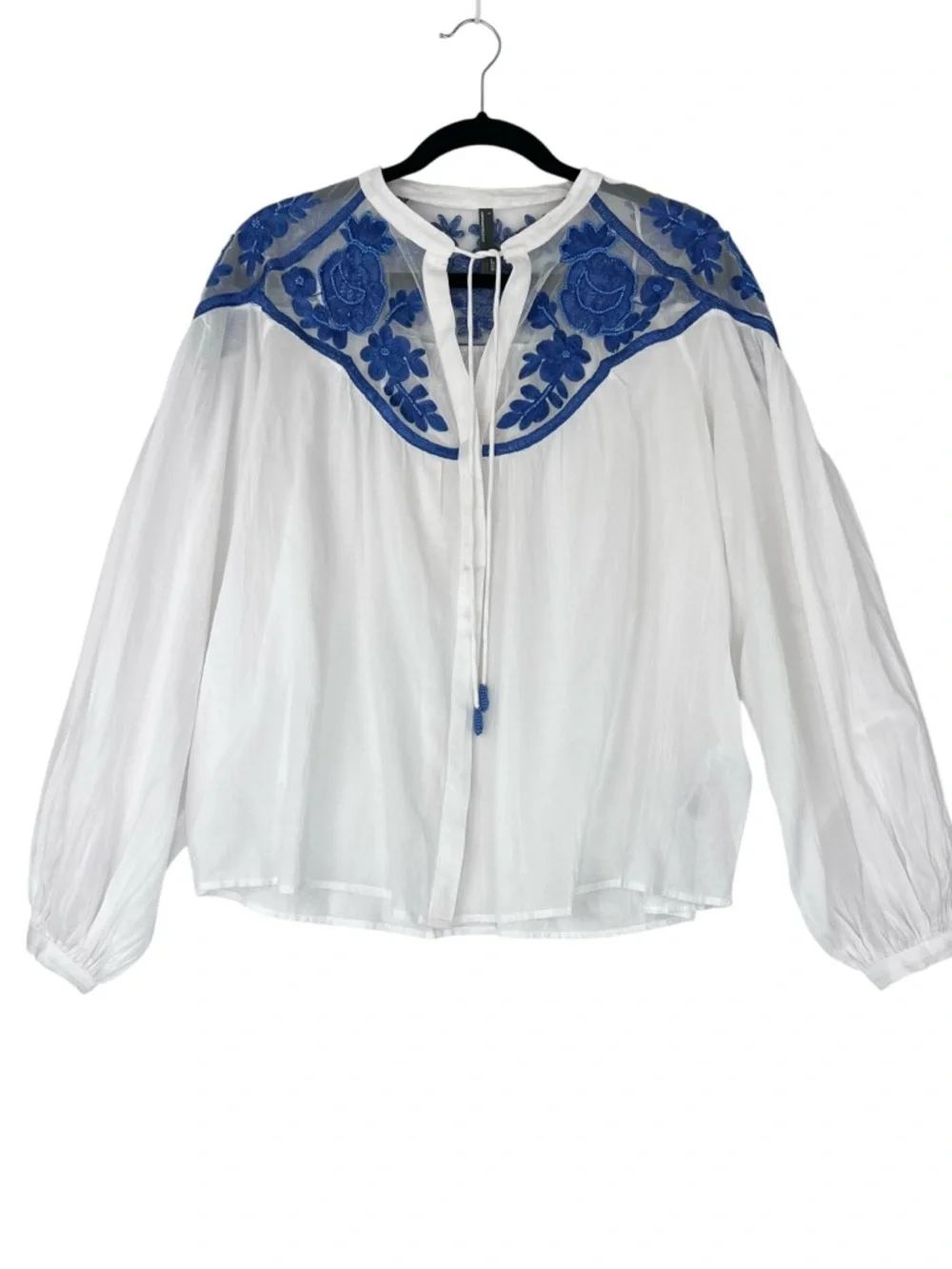 Anthropologie Long-Sleeve Lace Blouse White Blue Sz S Embroidered Beaded Relaxed - Picture 3 of 16